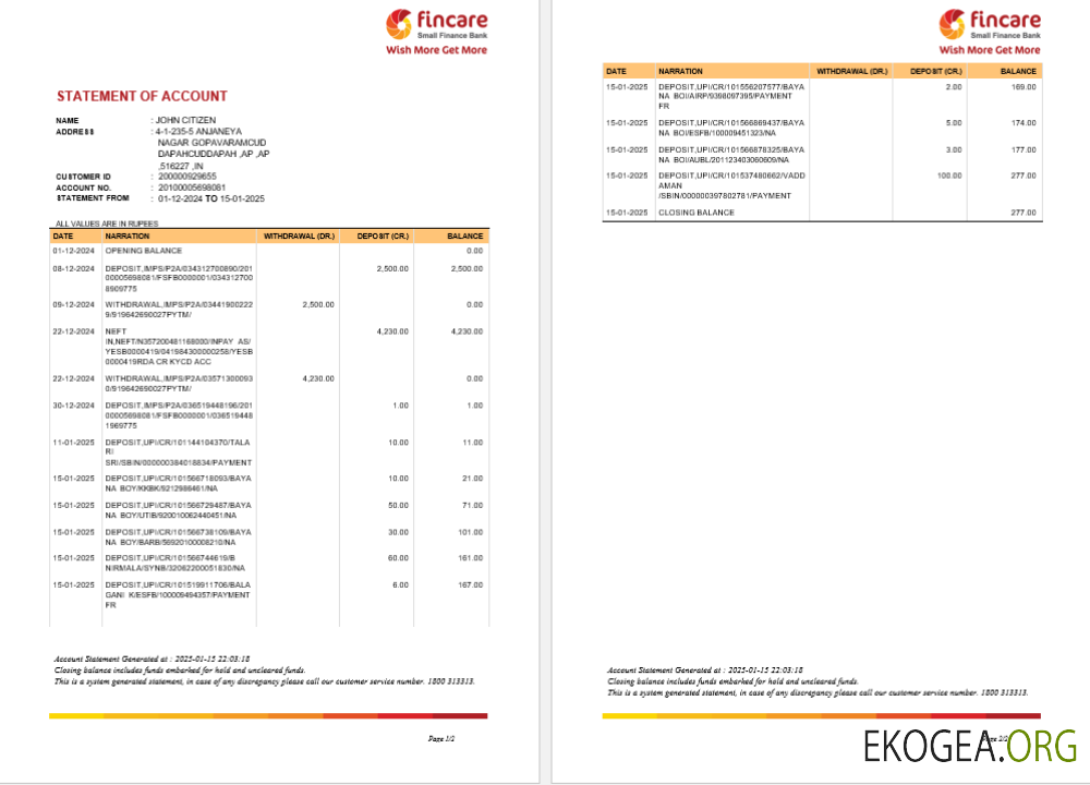 Modèle de relevé bancaire INDIA FINCARE, format Word et PDF, version 2